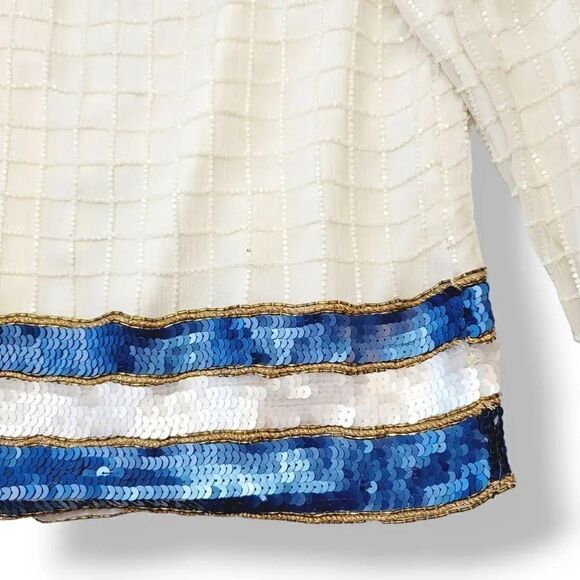 Vintage Carolyn Barton 100% Silk Beaded Evening Jacket in Ivory/Sea Blue Size M - Picture 11 of 16